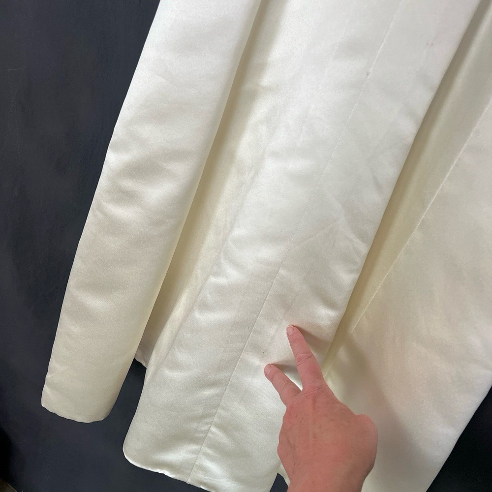 Womens Bridal Gown Cream Tea Length Satin Pleated Waist Elegant Minimalist Luxe - Picture 13 of 16
